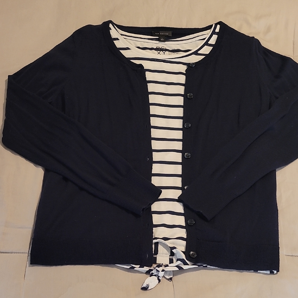Roxy & The Limited Women's Tee/Cardigan Sweater Set In Navy & Navy Stripe